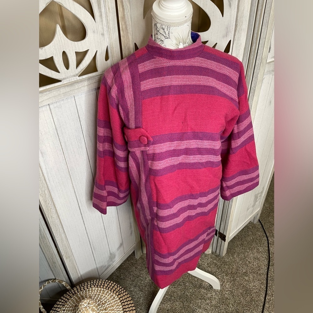 Womens Vintage Pink Purple Wool Dress 3/4 Sleeve Striped Midlength Large